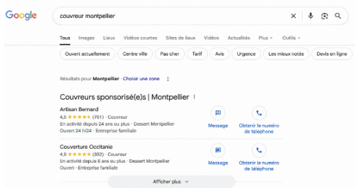 Résultats sponsorisés Google Maps pour la recherche « couvreur montpellier »