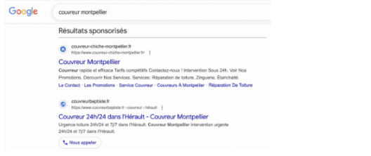 Résultats sponsorisés Google Recherche pour la requête « couvreur montpellier »